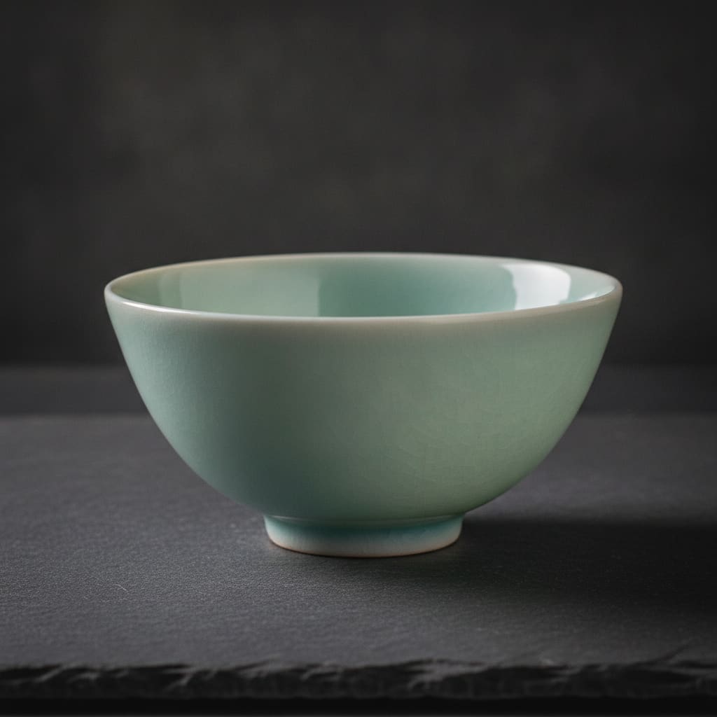 Tigela de porcelana com esmalte celadon azul-esverdeado translúcido e leve craquelê sobre ardósia escura