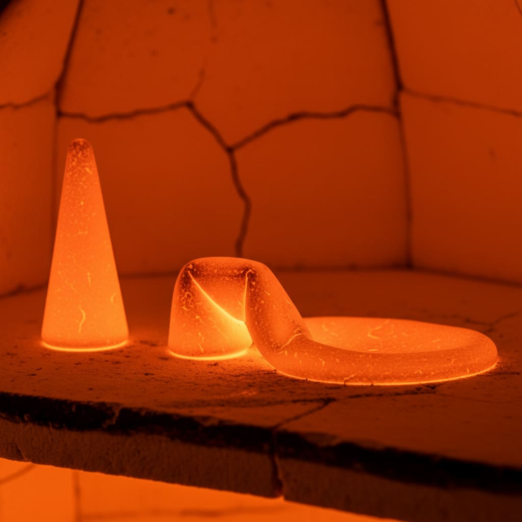 Cones pirométricos derretendo dentro de forno cerâmico em alta temperatura