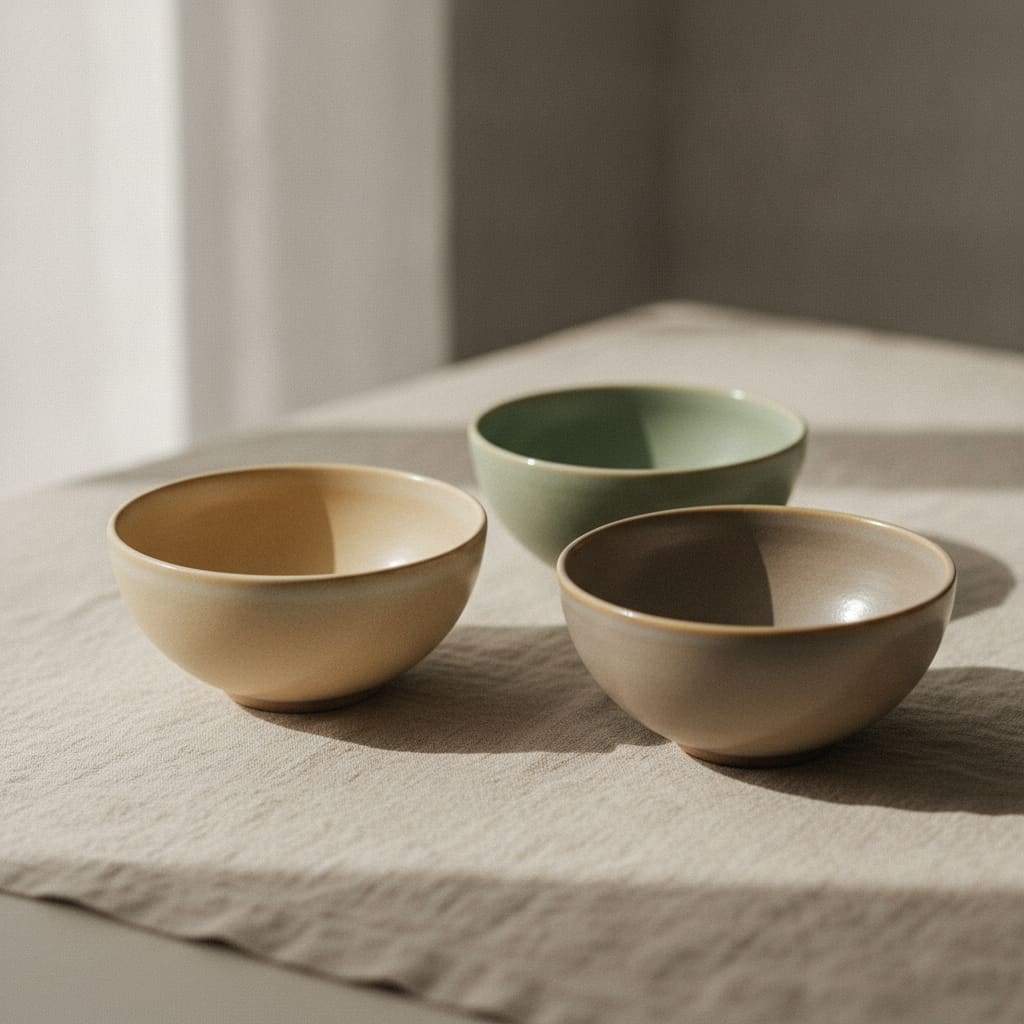 Três tigelas de grés com esmaltes foscos aveludados — creme, verde-sálvia e cinza — sobre linho cru