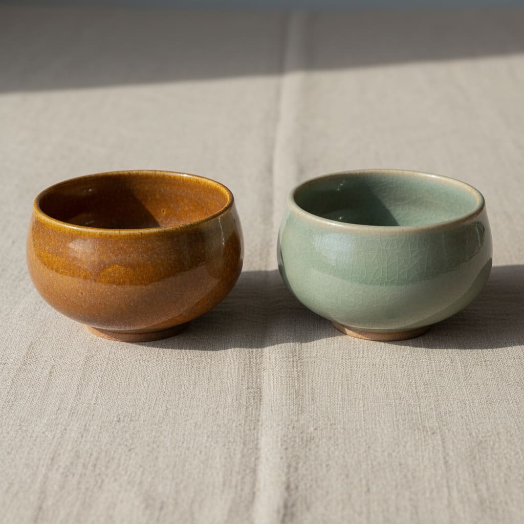 Comparação lado a lado de duas peças cerâmicas com mesmo esmalte queimado em oxidação e em redução