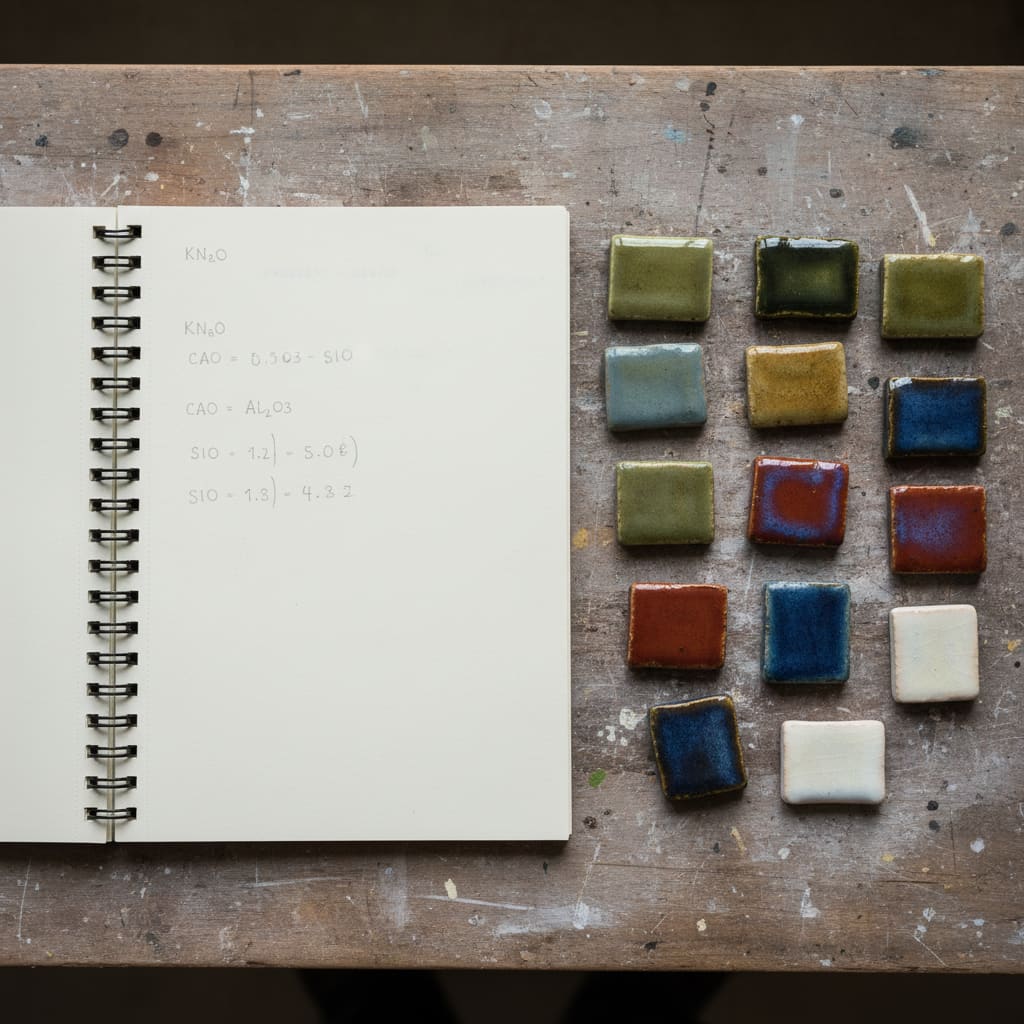 Caderno técnico com cálculo manuscrito de Seger UMF ao lado de testes de esmalte em azulejos